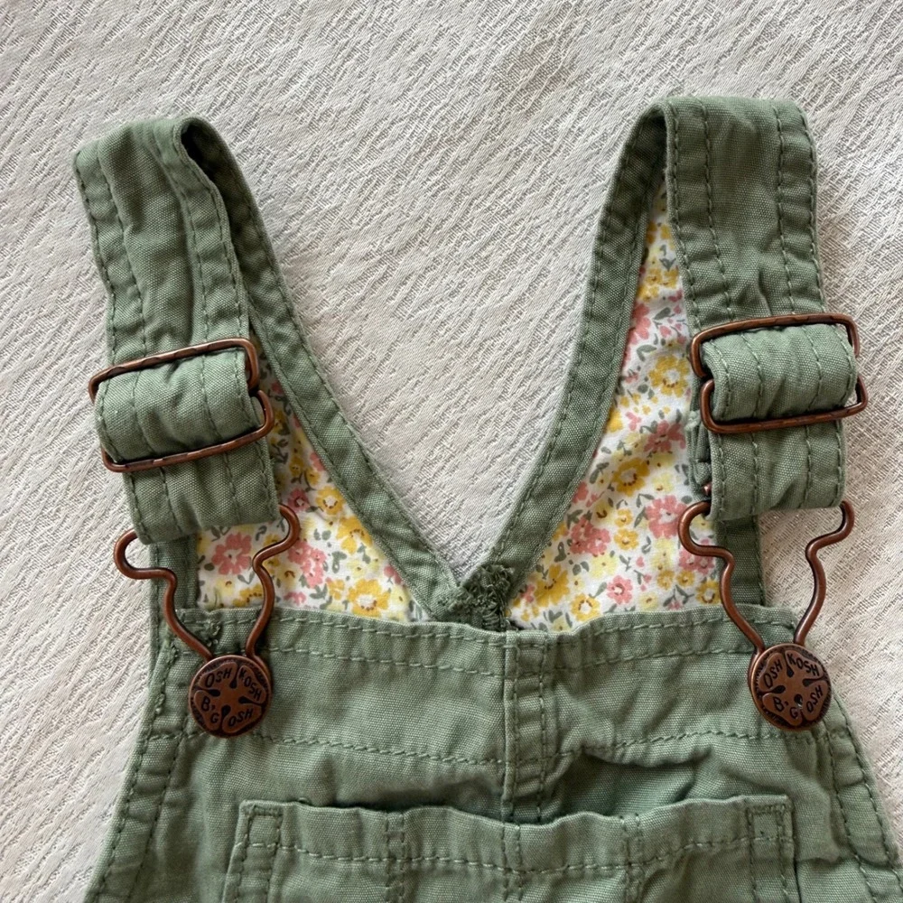 OshKosh B'gosh Toddler Overalls Size 2T Green Cotton Bib Overalls Floral Lining